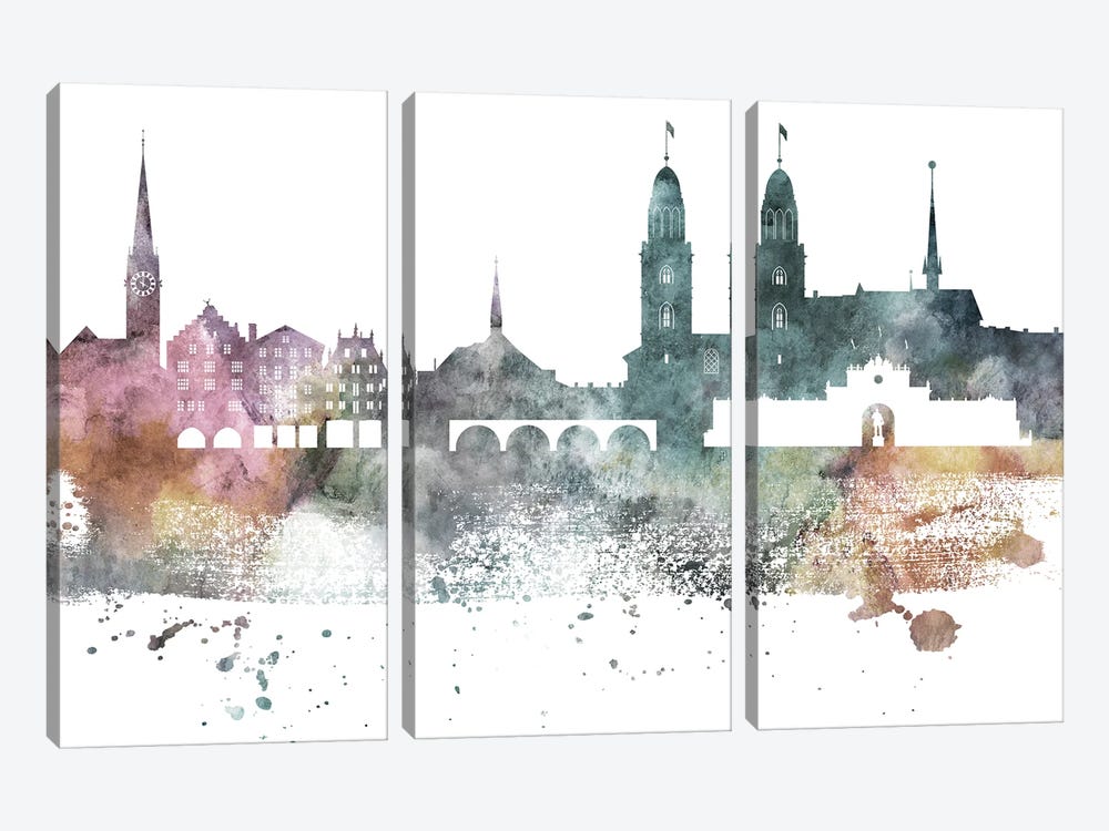 Zurich Pastel Skyline by WallDecorAddict 3-piece Canvas Art