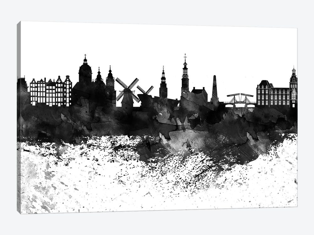 Amsterdam Black & White Drops Skyline by WallDecorAddict 1-piece Canvas Artwork
