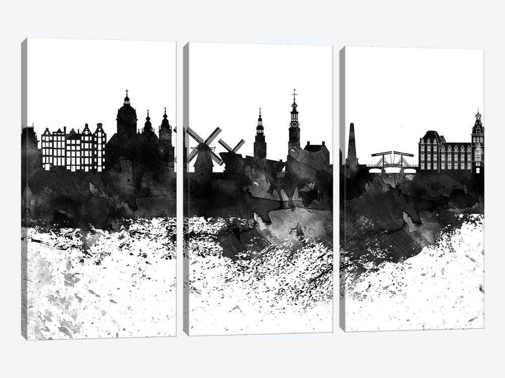 Amsterdam Black & White Drops Skyline by WallDecorAddict 3-piece Canvas Artwork