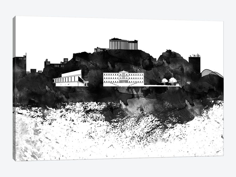 Athens Black & White Drops Skyline by WallDecorAddict 1-piece Canvas Art