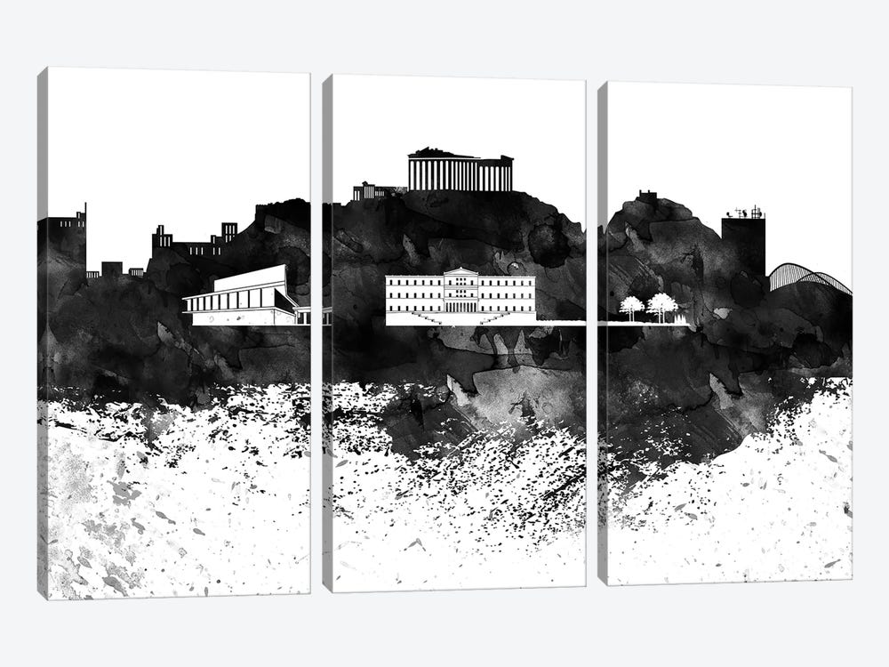 Athens Black & White Drops Skyline by WallDecorAddict 3-piece Canvas Art