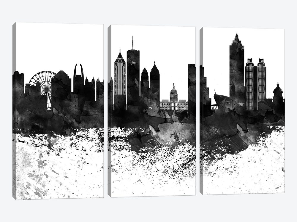 Atlanta Black & White Drops Skyline by WallDecorAddict 3-piece Canvas Print