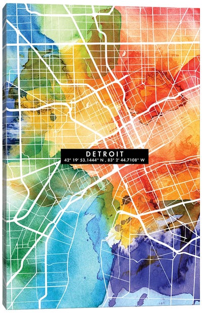 Detroit City Map Colorful Canvas Art Print - Detroit Maps
