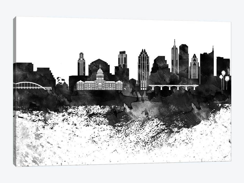 Austin Black & White Drops Skyline by WallDecorAddict 1-piece Canvas Print