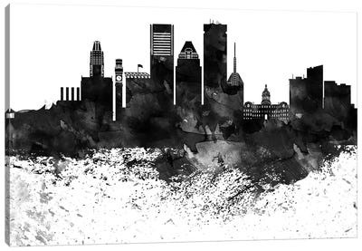 Baltimore Black & White Drops Skyline Canvas Art Print - Maryland Art