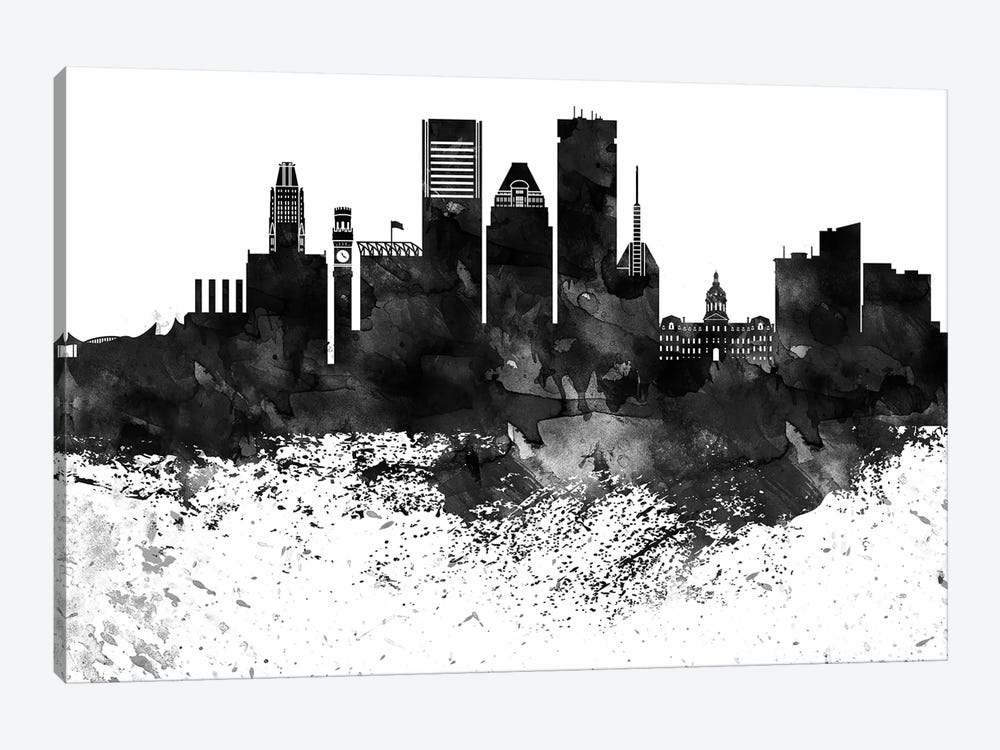 Baltimore Black & White Drops Skyline by WallDecorAddict 1-piece Canvas Wall Art