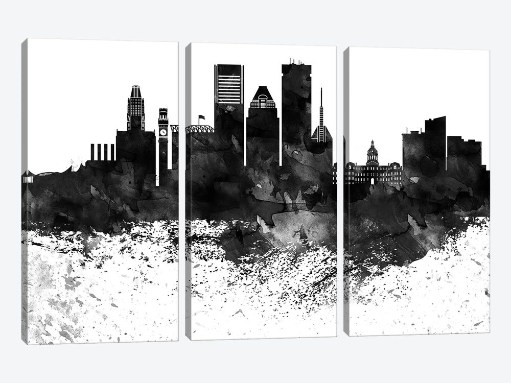 Baltimore Black & White Drops Skyline 3-piece Canvas Wall Art
