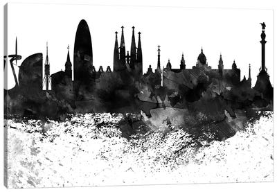 Barcelona Black & White Drops Skyline Canvas Art Print - Catalonia Art