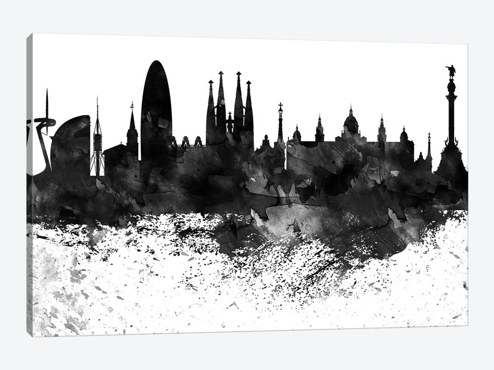 Barcelona Black & White Drops Skyline by WallDecorAddict 1-piece Canvas Artwork
