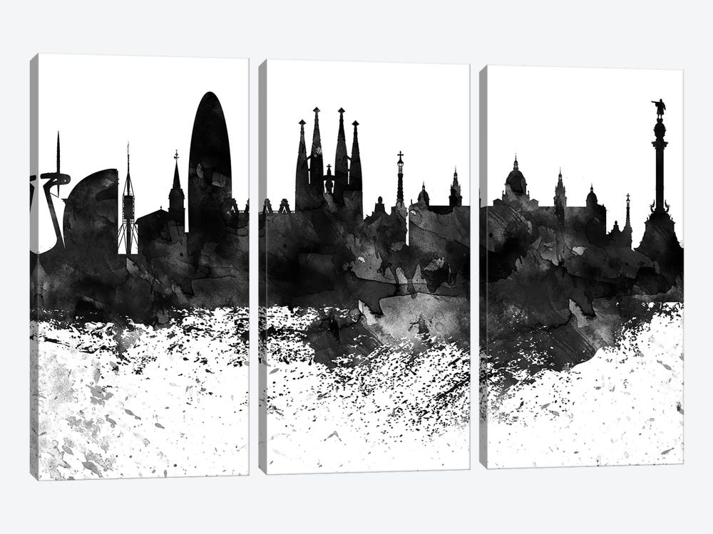 Barcelona Black & White Drops Skyline by WallDecorAddict 3-piece Canvas Wall Art