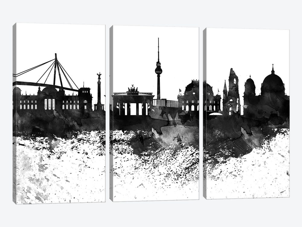 Berlin Black & White Drops Skyline by WallDecorAddict 3-piece Canvas Print