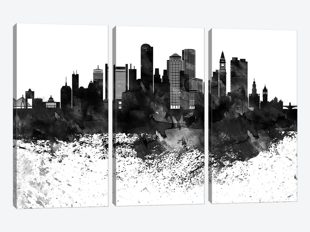 Boston Black & White Drops Skyline by WallDecorAddict 3-piece Canvas Wall Art