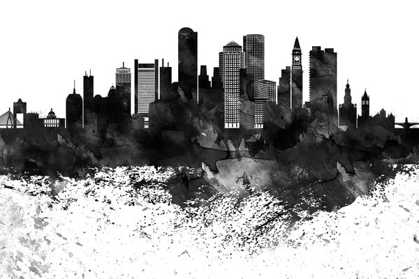 Black & White Digital Art: Boston Black & White Drops Skyline by WallDecorAddict