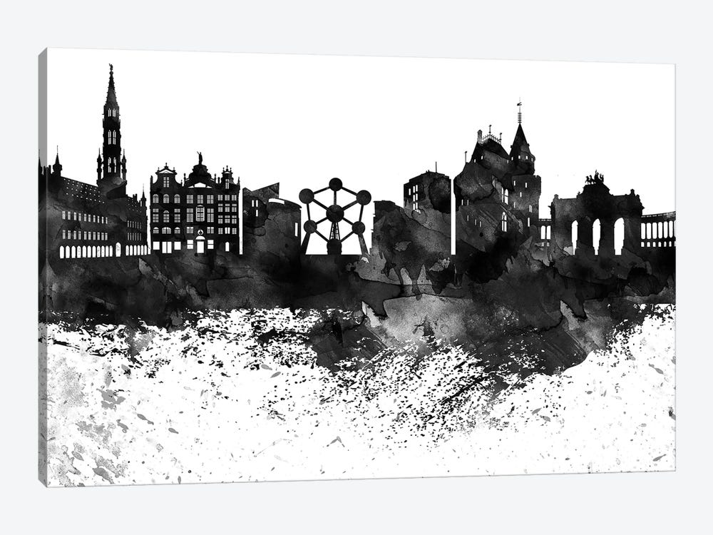Brussels Black & White Drops Skyline by WallDecorAddict 1-piece Canvas Art Print