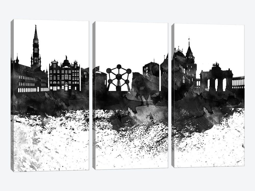 Brussels Black & White Drops Skyline by WallDecorAddict 3-piece Canvas Art Print
