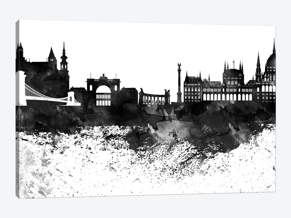 Budapest Black & White Drops Skyline by WallDecorAddict 1-piece Canvas Art