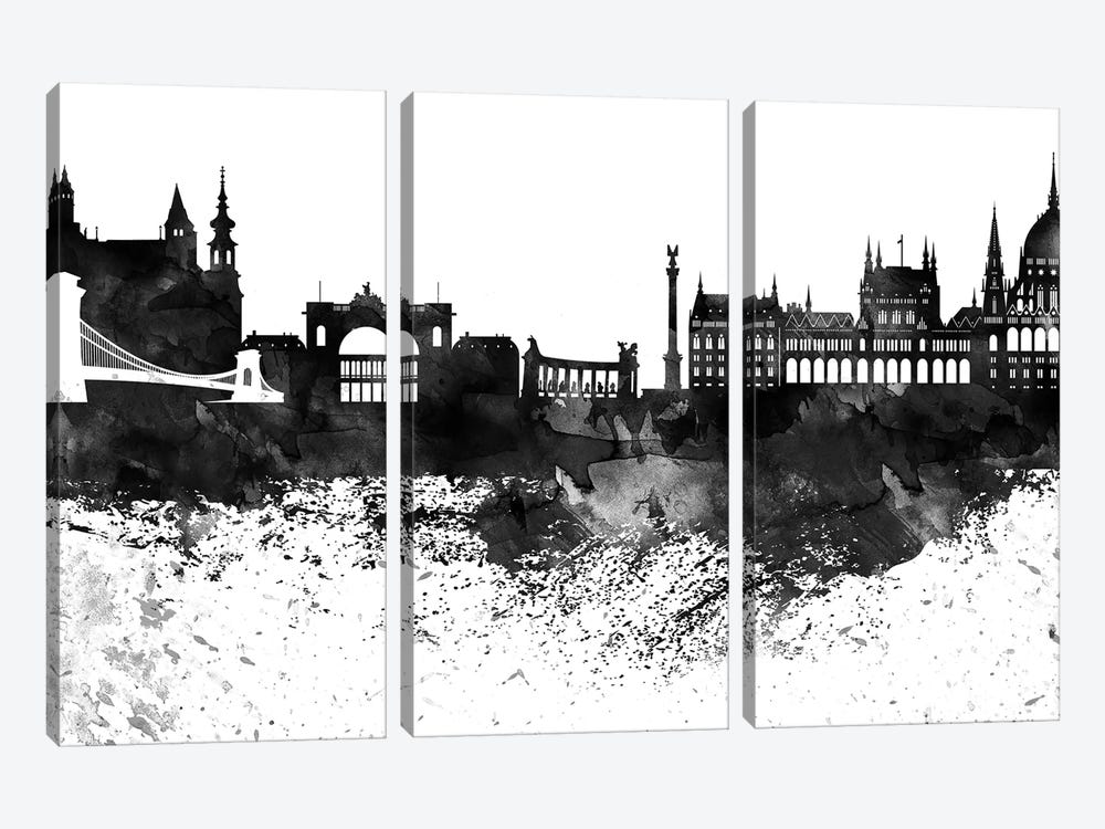 Budapest Black & White Drops Skyline by WallDecorAddict 3-piece Canvas Art