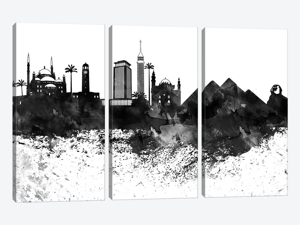 Cairo Black & White Drops Skyline by WallDecorAddict 3-piece Canvas Print