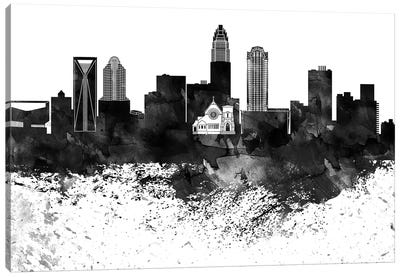 Charlotte Black & White Drops Skyline Canvas Art Print - Charlotte Art