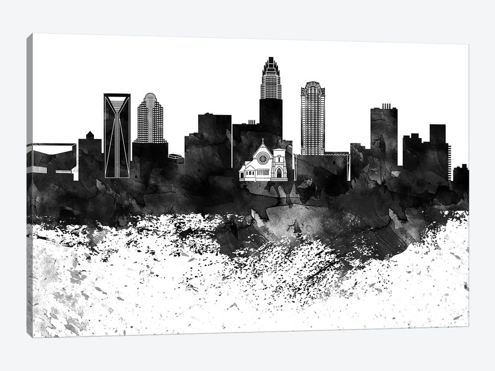 Charlotte Black & White Drops Skyline by WallDecorAddict 1-piece Art Print