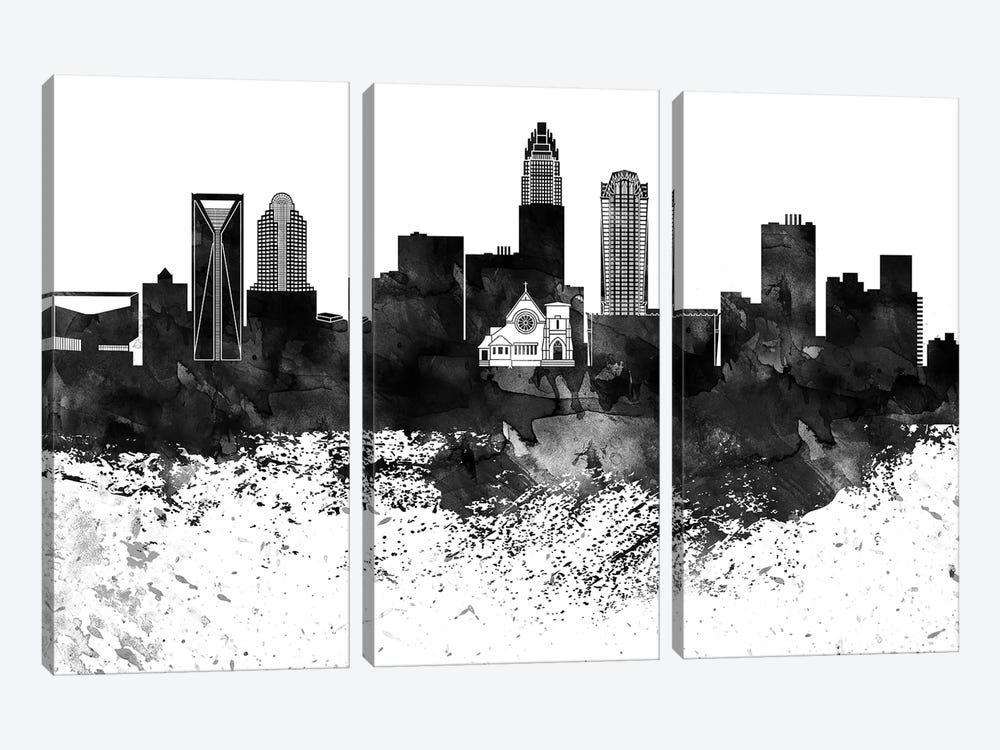 Charlotte Black & White Drops Skyline by WallDecorAddict 3-piece Canvas Art Print