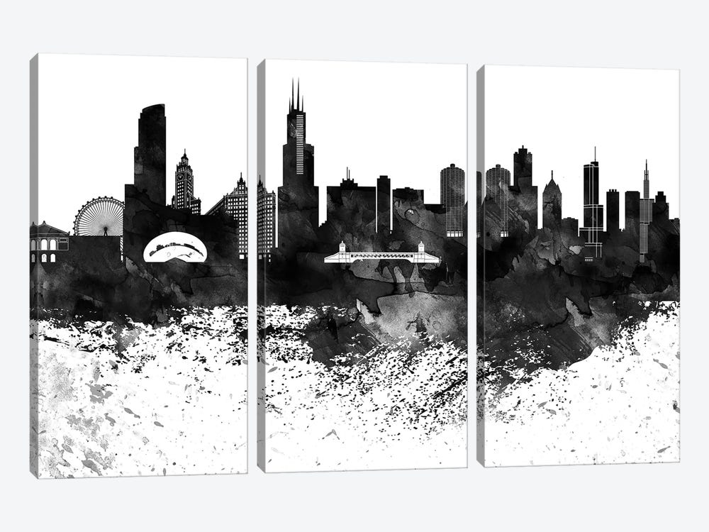 Chicago Black & White Drops Skyline by WallDecorAddict 3-piece Art Print