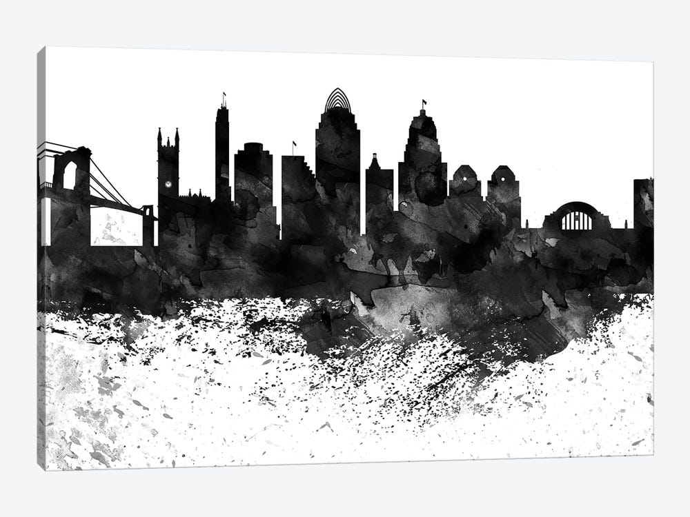 Cincinnati Black & White Drops Skyline by WallDecorAddict 1-piece Canvas Artwork