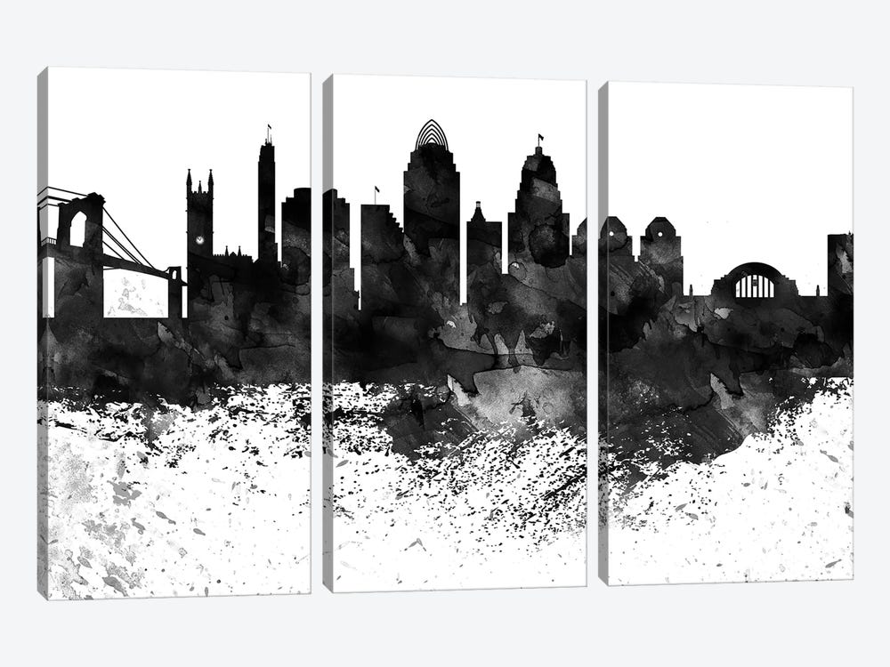 Cincinnati Black & White Drops Skyline by WallDecorAddict 3-piece Canvas Art
