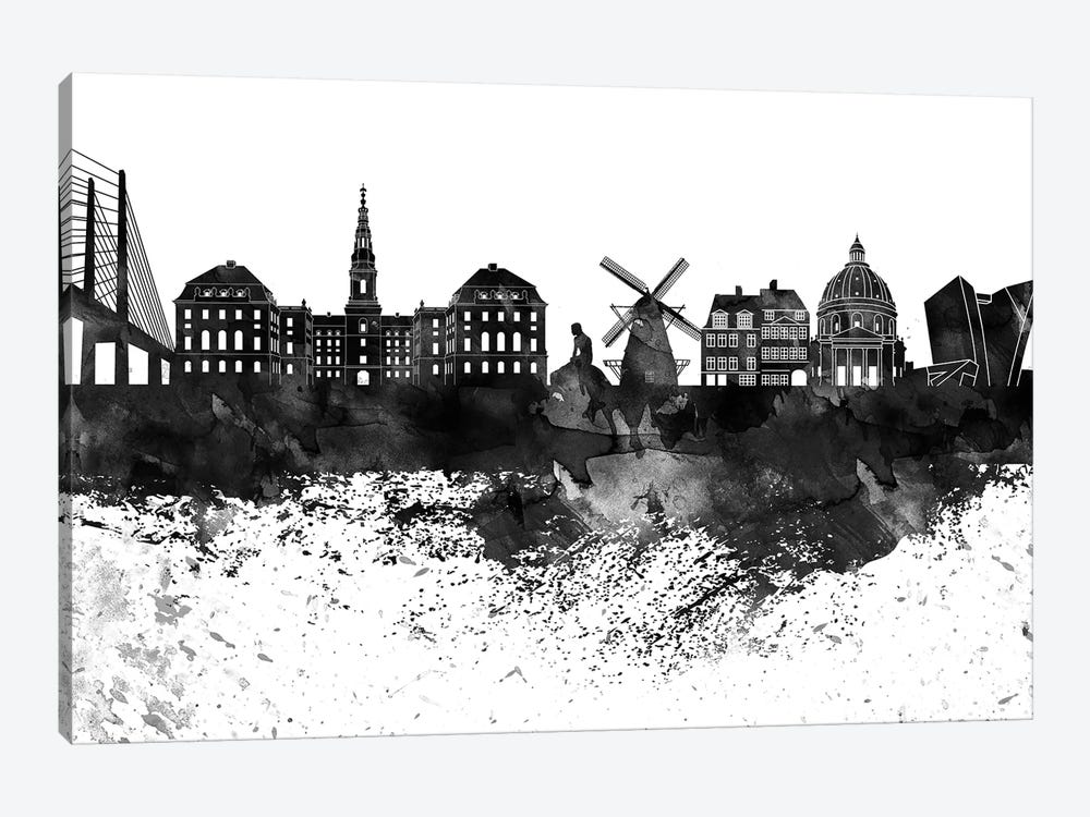 Copenhagen Black & White Drops Skyline by WallDecorAddict 1-piece Canvas Wall Art