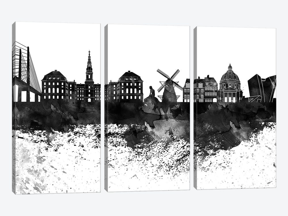 Copenhagen Black & White Drops Skyline 3-piece Canvas Art