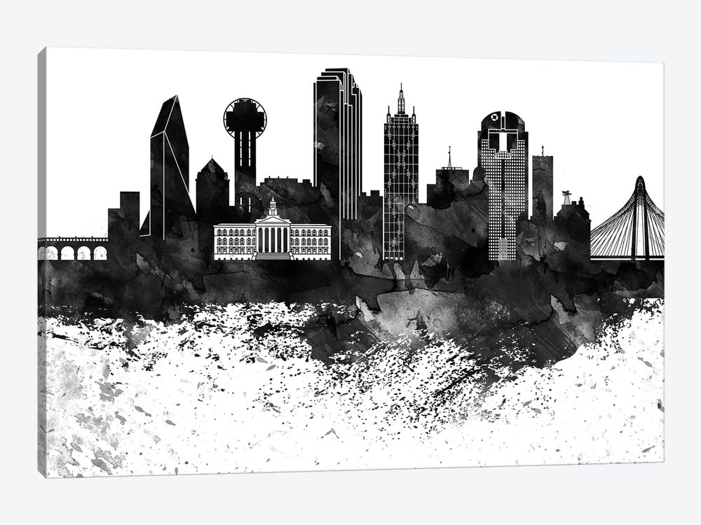 Dallas Black & White Drops Skyline by WallDecorAddict 1-piece Canvas Print