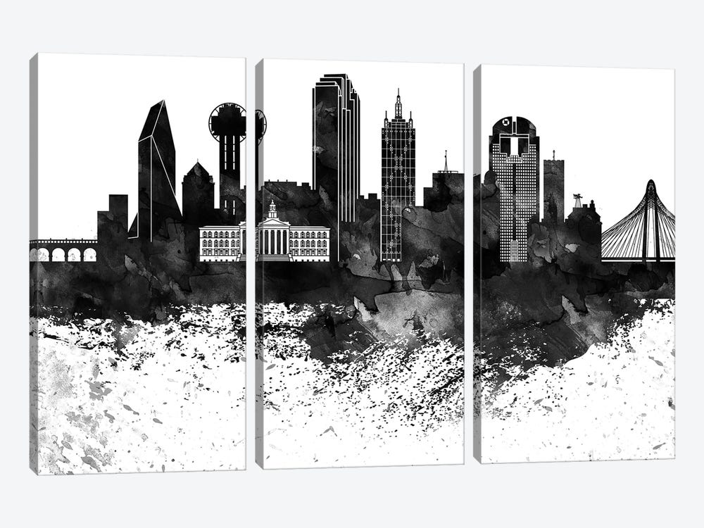 Dallas Black & White Drops Skyline by WallDecorAddict 3-piece Art Print