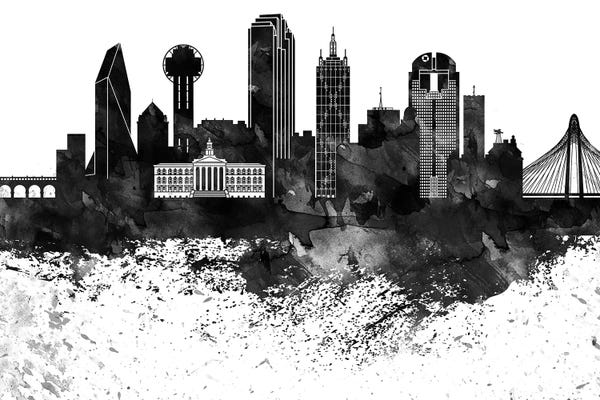 Dallas: Dallas Black & White Drops Skyline by WallDecorAddict