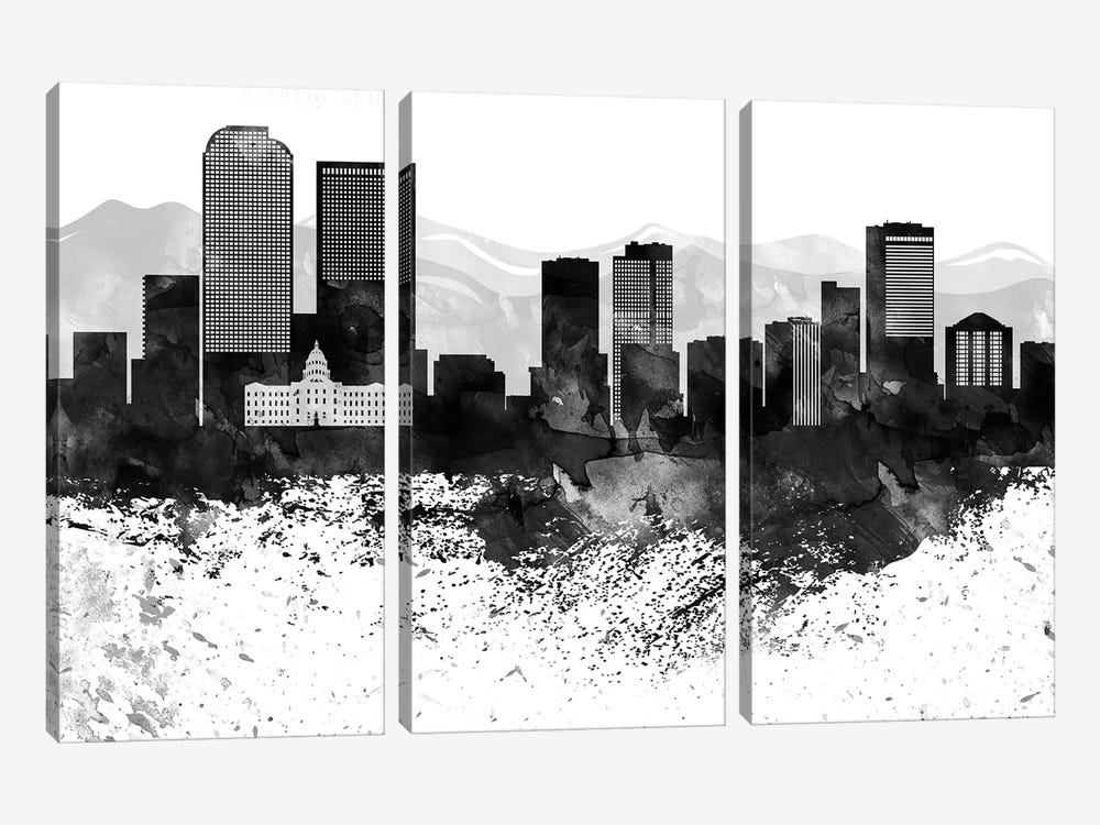 Denver Black & White Drops Skyline by WallDecorAddict 3-piece Canvas Art Print