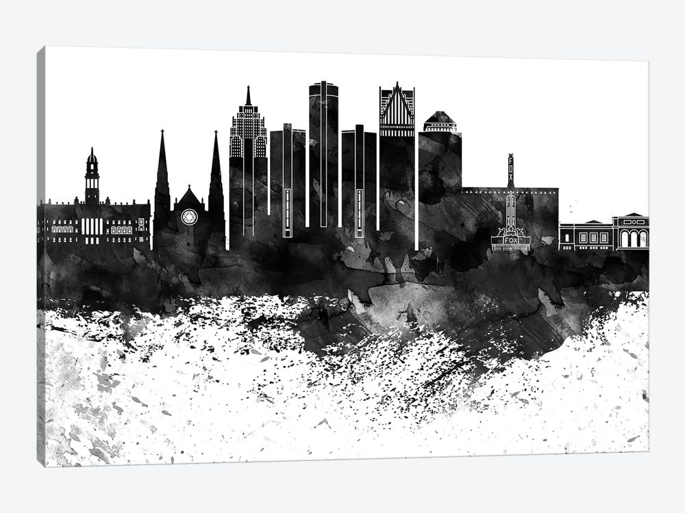 Detroit Black & White Drops Skyline by WallDecorAddict 1-piece Canvas Wall Art