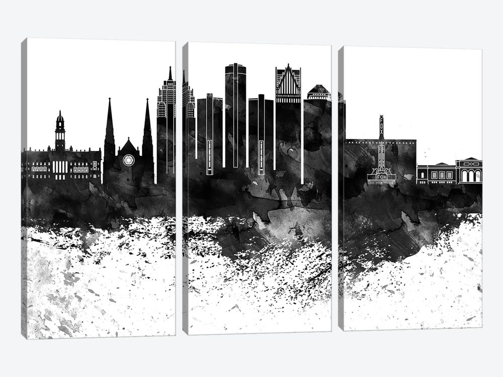 Detroit Black & White Drops Skyline by WallDecorAddict 3-piece Canvas Wall Art
