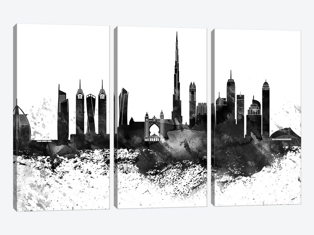 Dubai Black & White Drops Skyline by WallDecorAddict 3-piece Canvas Wall Art