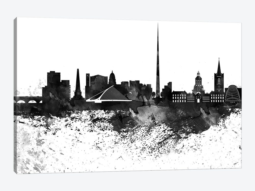 Dublin Black & White Drops Skyline by WallDecorAddict 1-piece Canvas Art Print