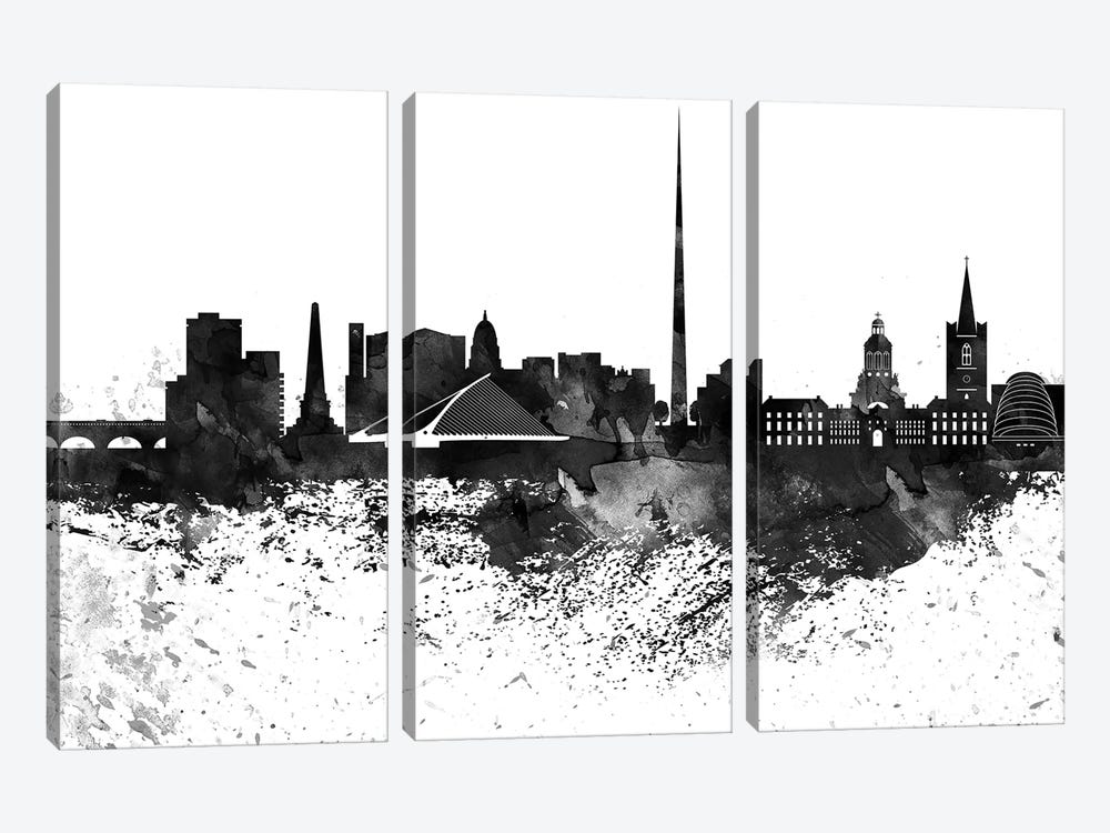 Dublin Black & White Drops Skyline by WallDecorAddict 3-piece Canvas Print