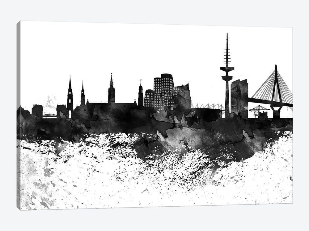 Dusseldorf Black & White Drops Skyline by WallDecorAddict 1-piece Canvas Wall Art