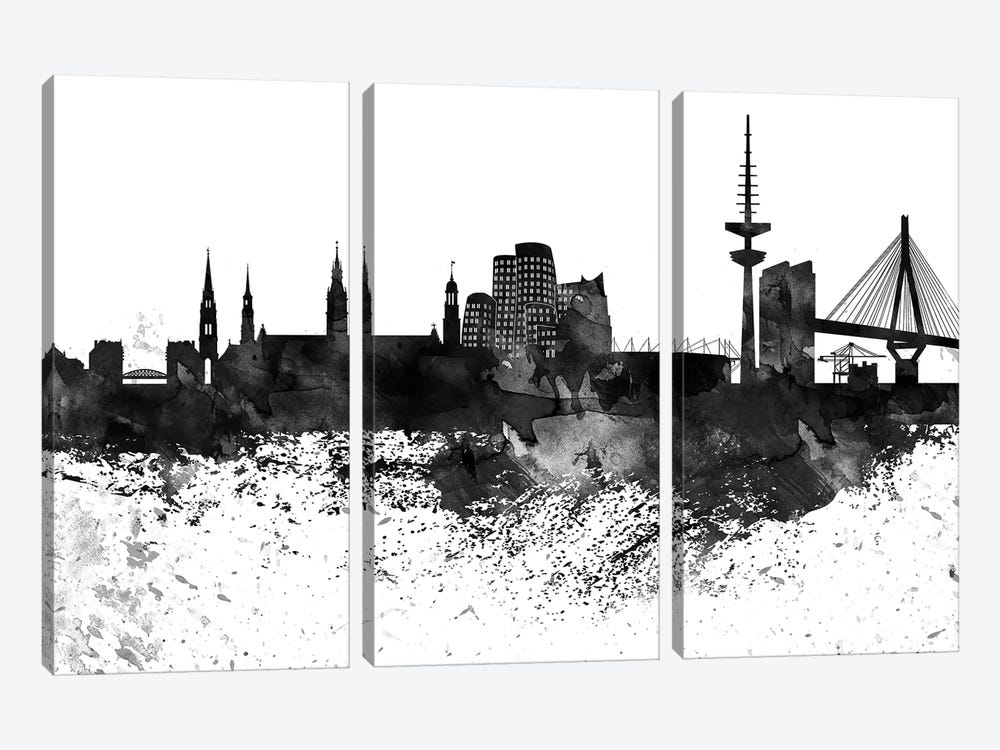 Dusseldorf Black & White Drops Skyline by WallDecorAddict 3-piece Canvas Art
