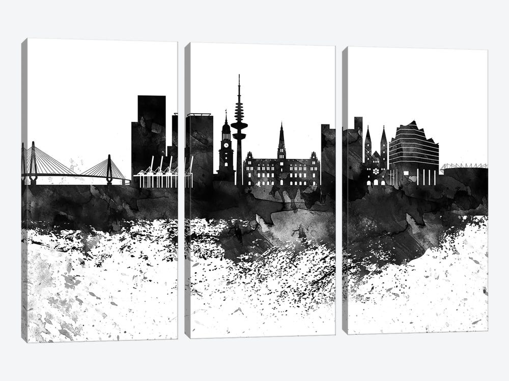 Hamburg Black & White Drops Skyline by WallDecorAddict 3-piece Canvas Print