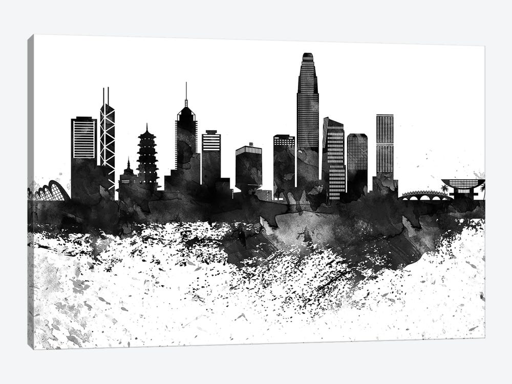 Hong Kong Black & White Drops Skyline by WallDecorAddict 1-piece Canvas Art