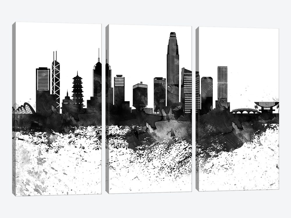 Hong Kong Black & White Drops Skyline by WallDecorAddict 3-piece Canvas Wall Art