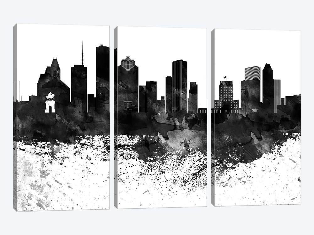 Houston Black & White Drops Skyline by WallDecorAddict 3-piece Canvas Artwork