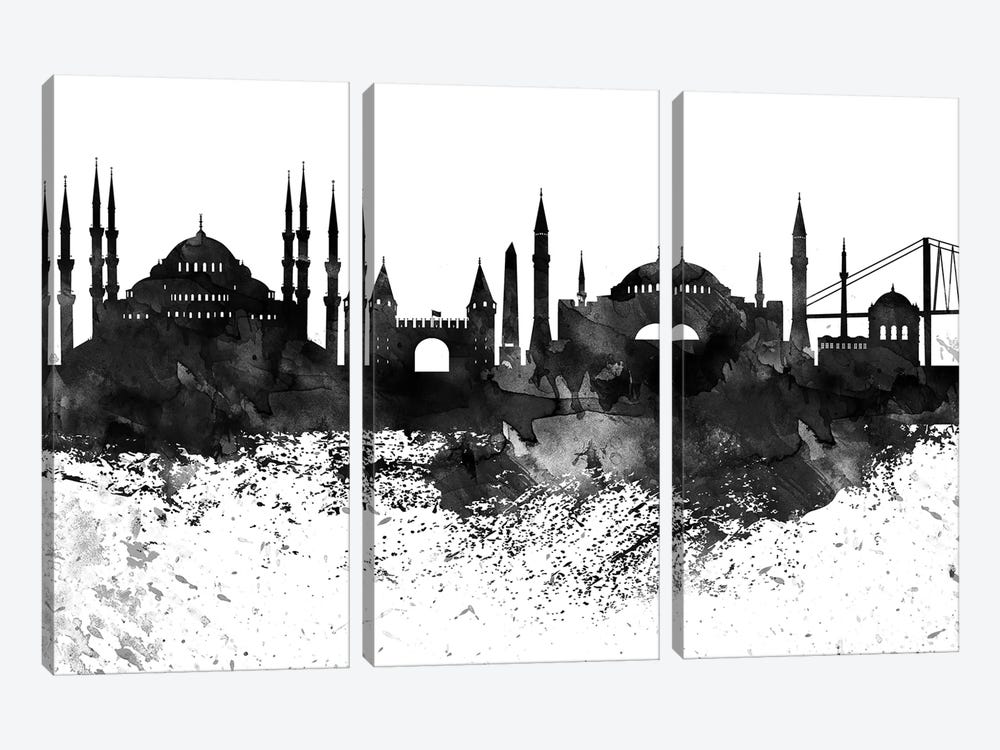 Istanbul Black & White Drops Skyline by WallDecorAddict 3-piece Canvas Artwork