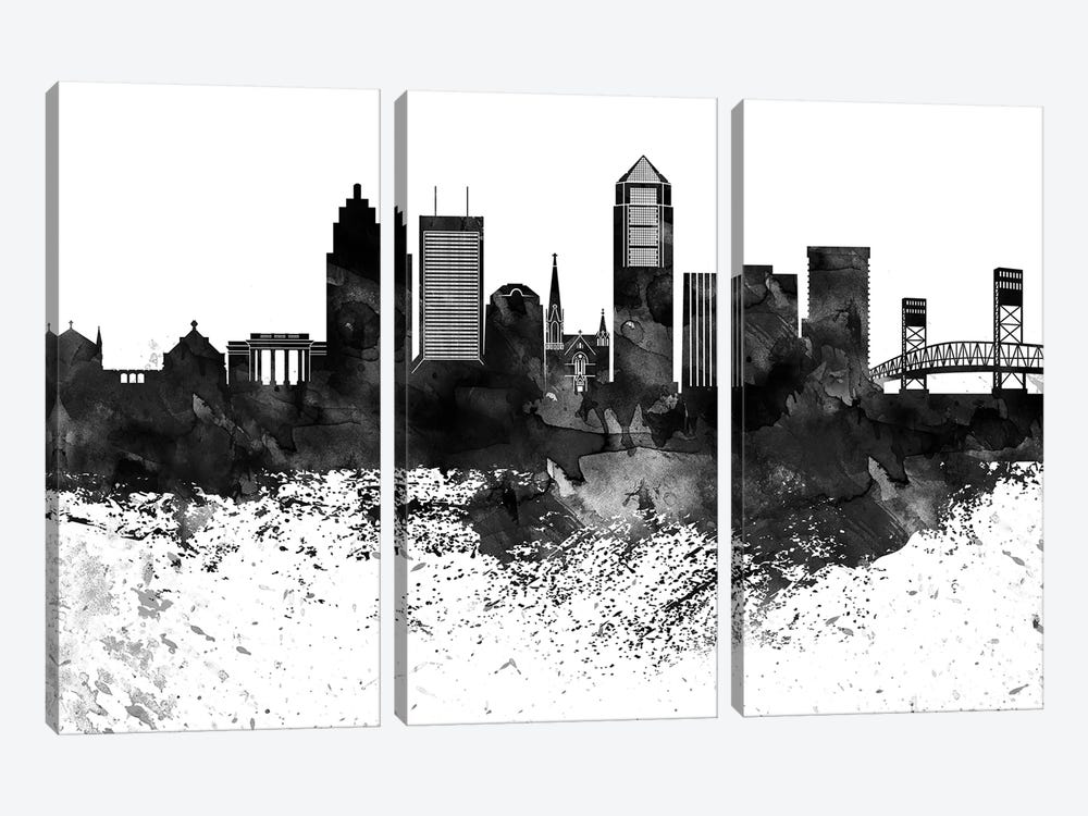 Jacksonville Black & White Drops Skyline by WallDecorAddict 3-piece Canvas Print
