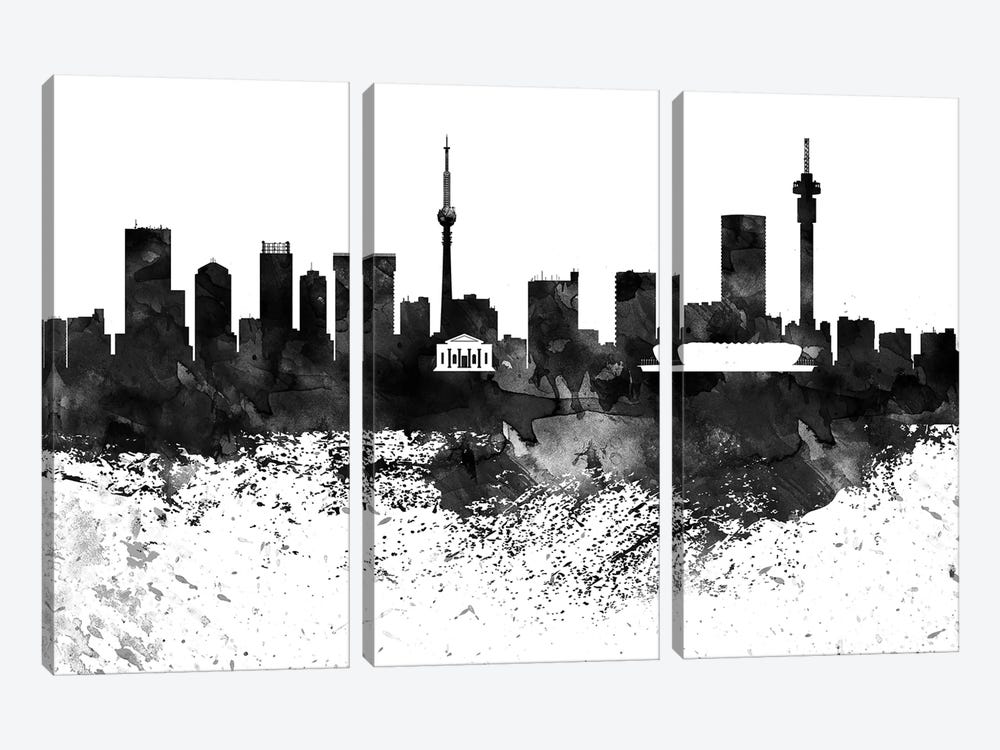 Johannesburg Black & White Drops Skyline by WallDecorAddict 3-piece Canvas Artwork