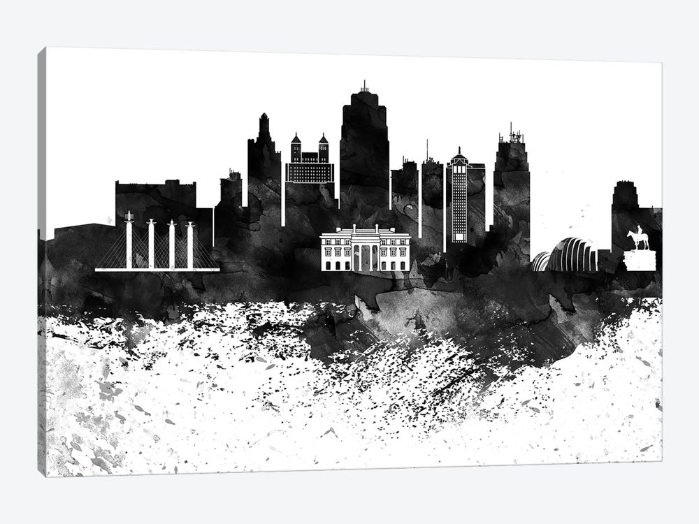 Kansas City Black & White Drops Skyline by WallDecorAddict 1-piece Art Print