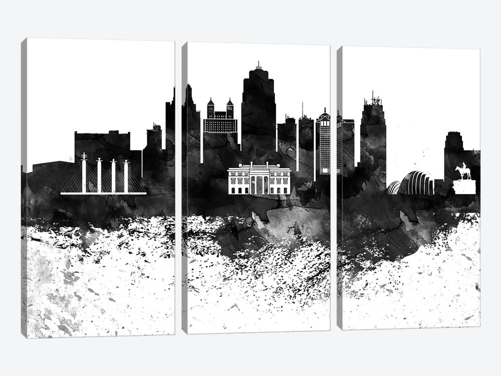 Kansas City Black & White Drops Skyline by WallDecorAddict 3-piece Art Print